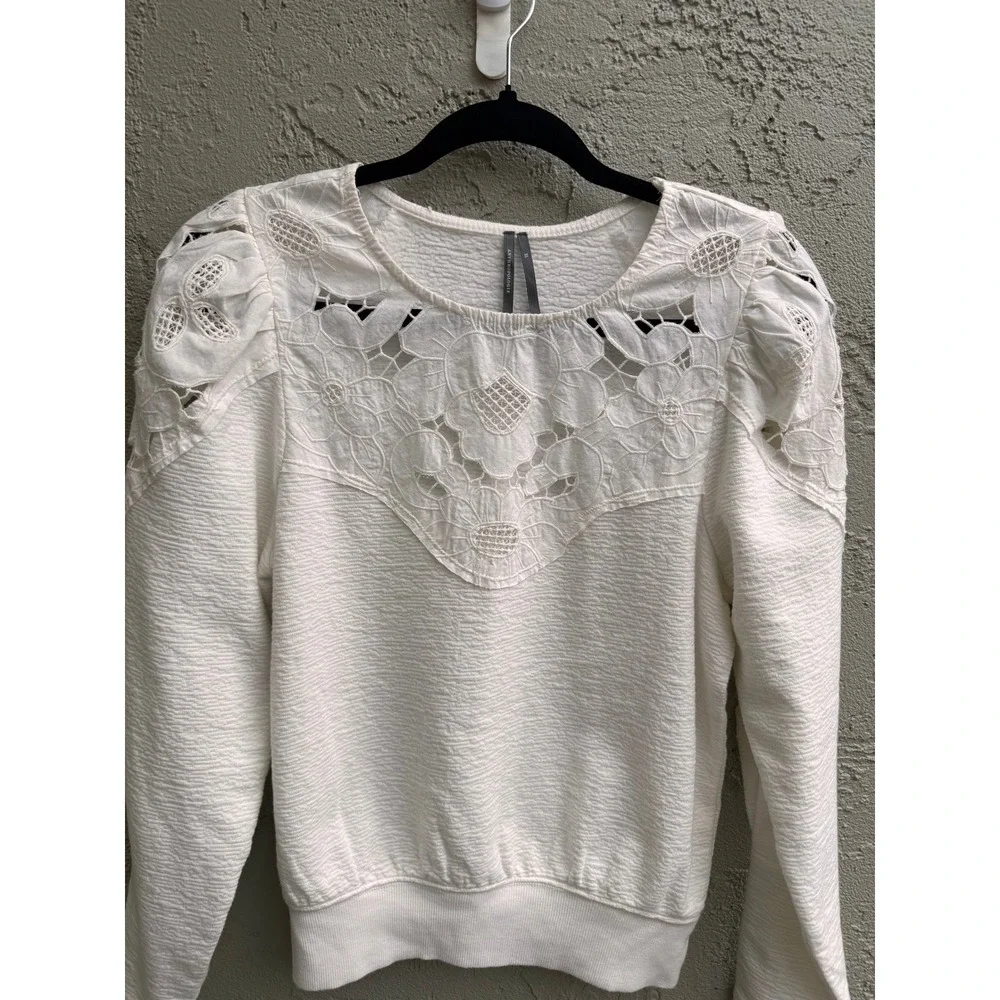 Anthropologie White Floral Eyelet Lace Embroidered Sweater XS Cottage Shabby